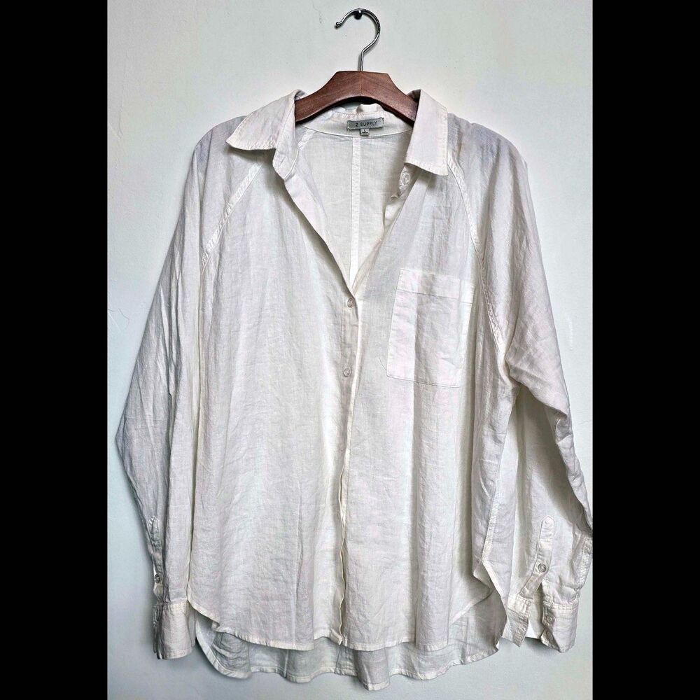 Z SUPPLY Perfect Linen Shirt Oversized Large in Beige White